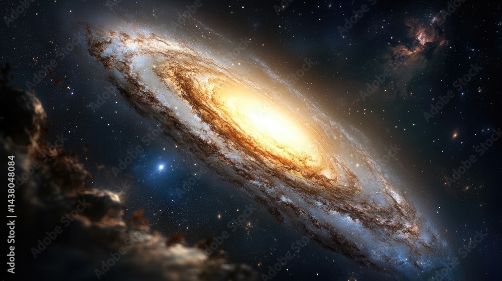 Fototapeta premium Bright spiraling galaxy stretches across the sky as a person waits quietly below