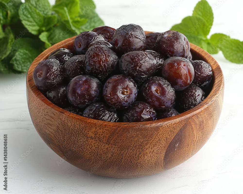 Obraz premium Fresh plums in wooden bowl