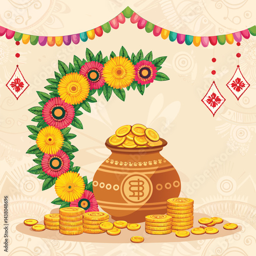 Akshaya Tritiya Indian Festival Greeting Card Illustration With Garland 
