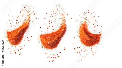 Three piles of red chili powder isolated on transparent background