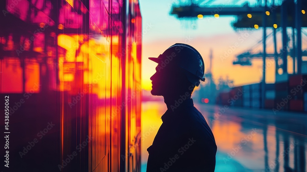 Logistics coordinator checking stock containers at port (close up, focus on, copy space) Bright, vibrant colors with shipping cranes. Double exposure silhouette with shipping containers.