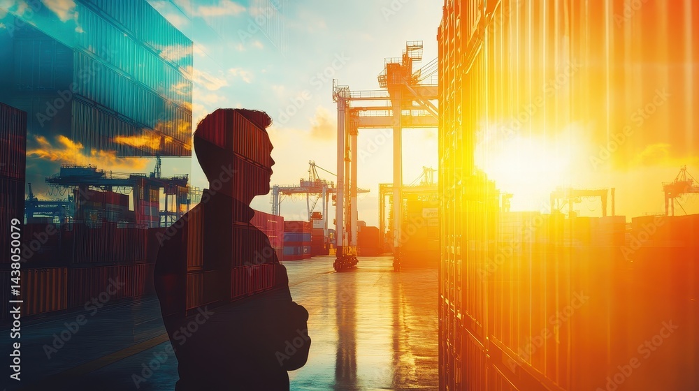 Logistics coordinator checking stock containers at port (close up, focus on, copy space) Bright, vibrant colors with shipping cranes. Double exposure silhouette with shipping containers.