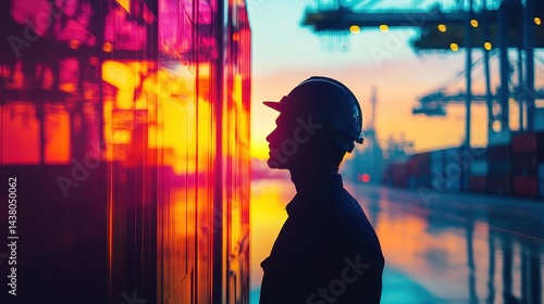 Obraz na płótnie Logistics coordinator checking stock containers at port (close up, focus on, copy space) Bright, vibrant colors with shipping cranes. Double exposure silhouette with shipping containers. w salonie