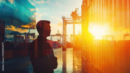 Obraz na płótnie Logistics coordinator checking stock containers at port (close up, focus on, copy space) Bright, vibrant colors with shipping cranes. Double exposure silhouette with shipping containers. w salonie