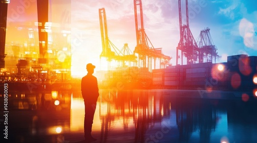 Obraz na płótnie Logistics coordinator checking stock containers at port (close up, focus on, copy space) Bright, vibrant colors with shipping cranes. Double exposure silhouette with shipping containers. w salonie