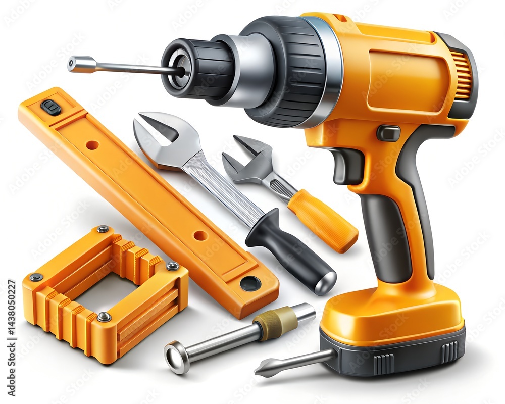 3D Construction Tool Set Icon – High-Quality Equipment Featuring Cordless Drill, Adjustable Wrench, Pipe Wrench, and Open-End Wrenches for DIY, Repair, and Industrial Use. 3D Construction Tool Set Icon – High-Quality Equipment Featuring Cordless Drill, Adjustable Wrench, Pipe Wrench, and Open-End Wrenches for DIY, Repair, and Industrial Use.