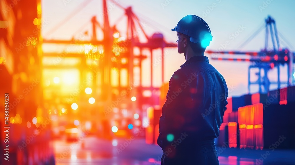 Logistics coordinator checking stock containers at port (close up, focus on, copy space) Bright, vibrant colors with shipping cranes. Double exposure silhouette with shipping containers.