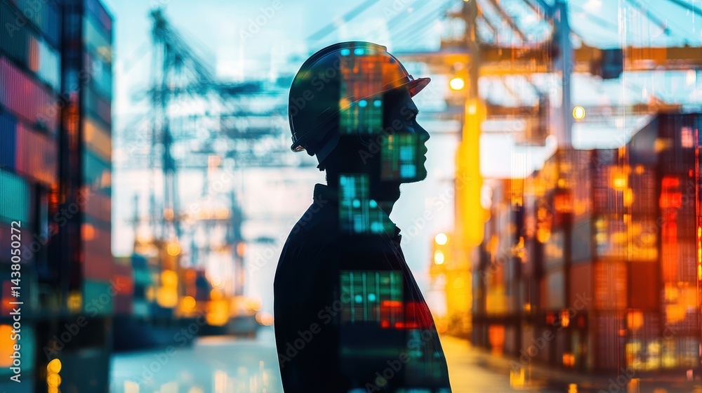 Logistics coordinator checking stock containers at port (close up, focus on, copy space) Bright, vibrant colors with shipping cranes. Double exposure silhouette with shipping containers.