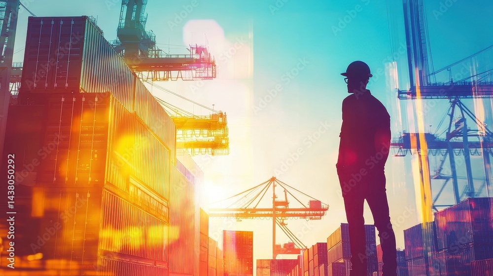 Logistics coordinator checking stock containers at port (close up, focus on, copy space) Bright, vibrant colors with shipping cranes. Double exposure silhouette with shipping containers.