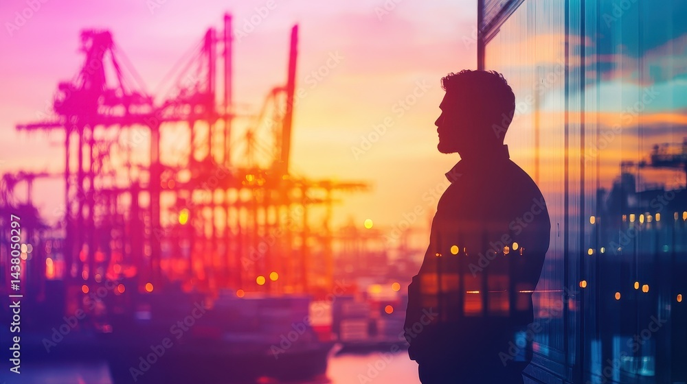Logistics coordinator checking stock containers at port (close up, focus on, copy space) Bright, vibrant colors with shipping cranes. Double exposure silhouette with shipping containers.