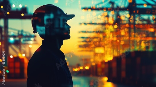 Logistics coordinator checking stock containers at port (close up, focus on, copy space) Bright, vibrant colors with shipping cranes. Double exposure silhouette with shipping containers.