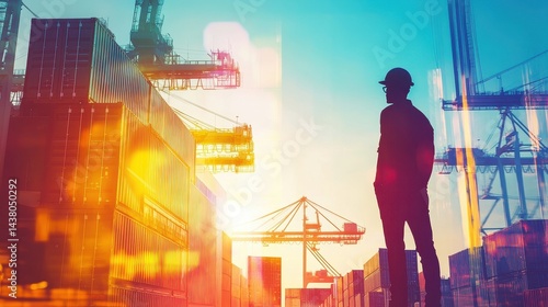 Logistics coordinator checking stock containers at port (close up, focus on, copy space) Bright, vibrant colors with shipping cranes. Double exposure silhouette with shipping containers.