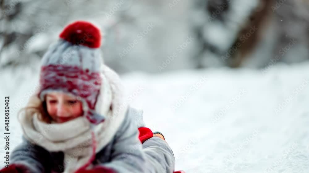 Smiling girl enjoying winter holidays, lying on a red sled in a snowy forest Smiling girl enjoying winter holidays, lying on a red sled in a snowy forest