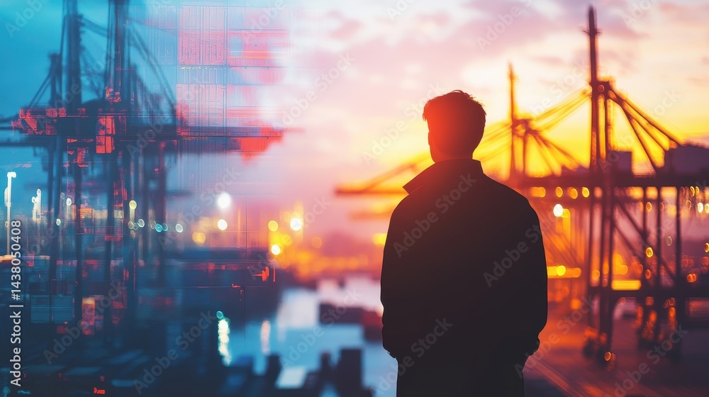Logistics coordinator checking stock containers at port (close up, focus on, copy space) Bright, vibrant colors with shipping cranes. Double exposure silhouette with shipping containers.