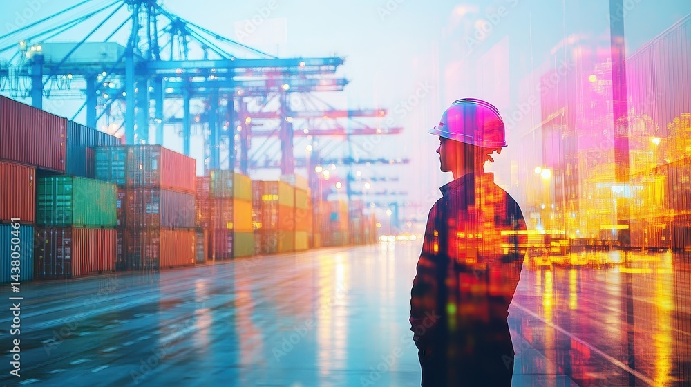 Logistics coordinator checking stock containers at port (close up, focus on, copy space) Bright, vibrant colors with shipping cranes. Double exposure silhouette with shipping containers.