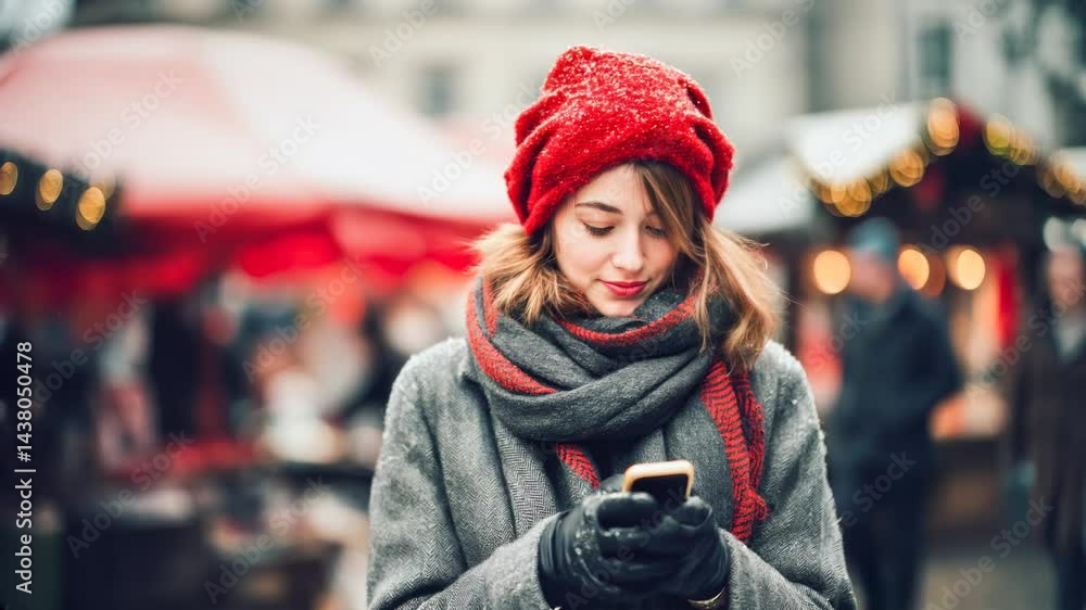 Young woman wearing winter clothes using smartphone at Christmas market Young woman wearing winter clothes using smartphone at Christmas market