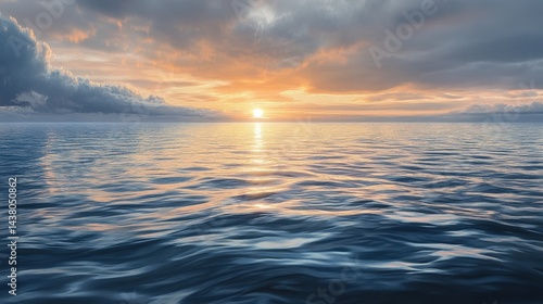 The scene captures a calm sea bathed in the gentle light of a sunrise, as the first rays of the sun illuminate the horizon, bringing the promise of a new, peaceful day.