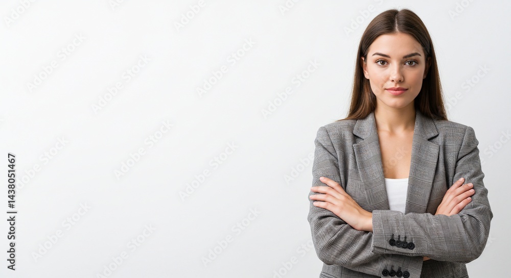 A confident professional woman stands with arms crossed, wearing a gray jacket, against a plain backdrop. She looks determined and poised. A confident professional woman stands with arms crossed, wearing a gray jacket, against a plain backdrop. She looks determined and poised.