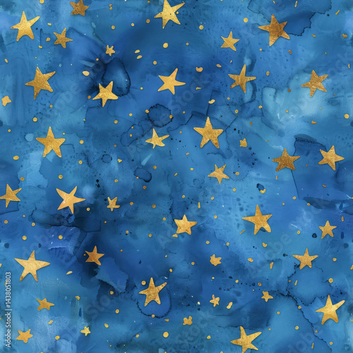 Blue watercolor background with liquid metallic gold stars, seamless pattern repeat
