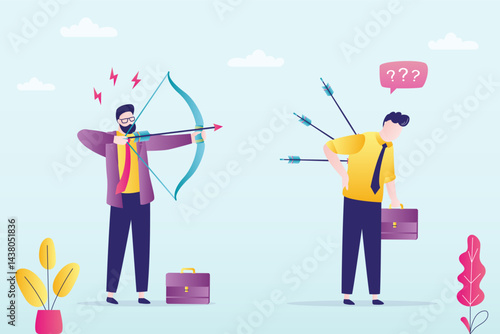Business betrayal or backstab concept. Businessman traitor uses bow, arrows and shoots male colleague. Employee hit by arrows, business failure. Office violence,