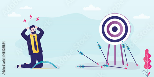 Failed businessman with bow and arrow. Not hit target, arrows around. Sad loser man with archery miss the target. Failed investment. Unsuccessful male character.