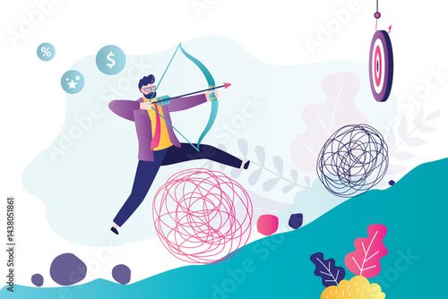 Confident man runs up the hill. Smart businessman with bow and arrows want hit target. Entrepreneur overcomes various problems and psychological pressure.
