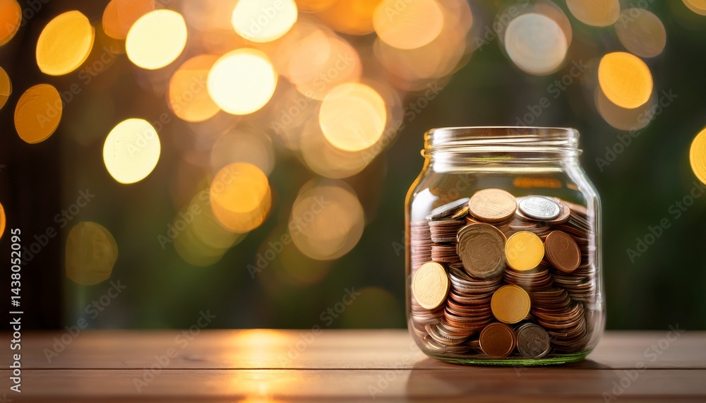 glass jar filled with coins against a soft bokeh background glass jar filled with coins against a soft bokeh background