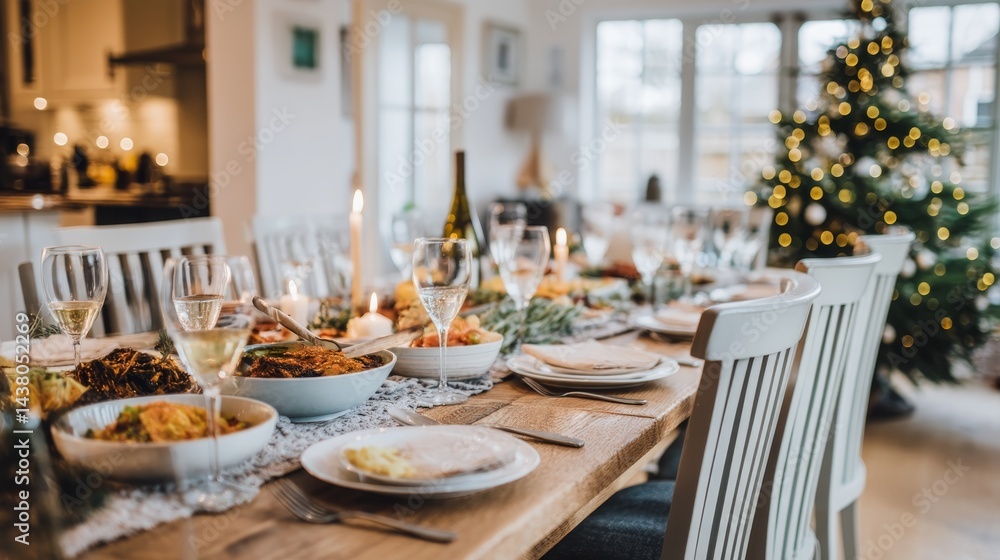 A beautifully arranged holiday dining table displays colorful dishes, sparkling candles, and a cozy atmosphere, creating the perfect festive setting A beautifully arranged holiday dining table displays colorful dishes, sparkling candles, and a cozy atmosphere, creating the perfect festive setting