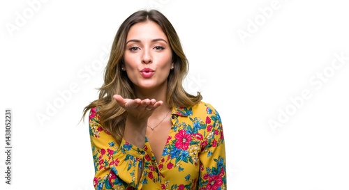 A woman with medium length brown hair in a floral print top with an open palm and puckered lips sends a kiss on a white backdrop.