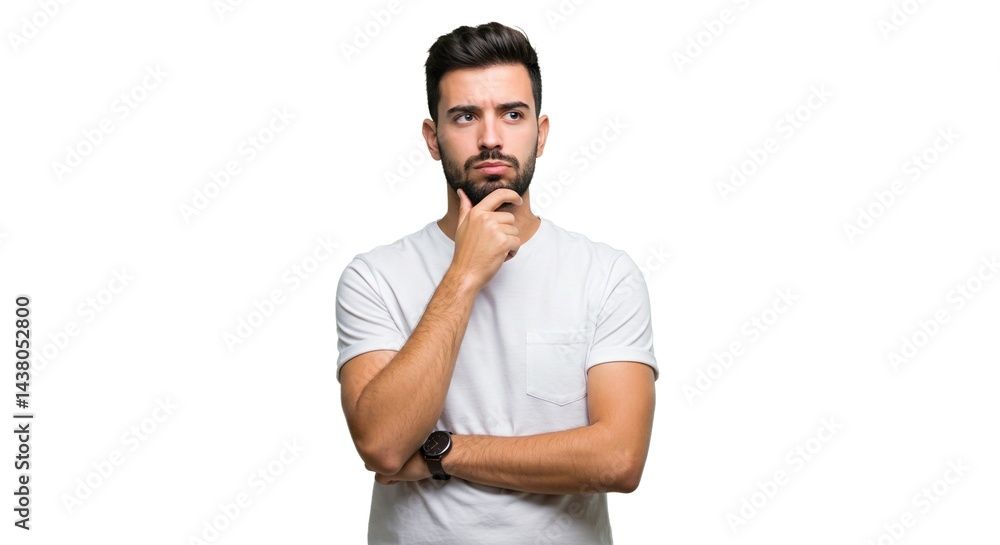 A young adult male wearing a white T-shirt is thoughtfully contemplating something, his fingers gently touching his chin in contemplation. A young adult male wearing a white T-shirt is thoughtfully contemplating something, his fingers gently touching his chin in contemplation.