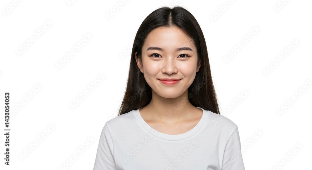 Portrait of a young Asian woman against a white background, featuring a friendly smile and casual white t-shirt, perfect for lifestyle themes. Portrait of a young Asian woman against a white background, featuring a friendly smile and casual white t-shirt, perfect for lifestyle themes.
