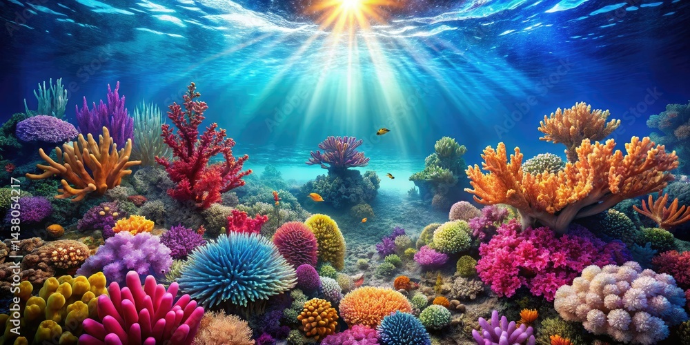 Fototapeta premium Vibrant Coral Reef Seascape Wallpaper: Long Exposure Underwater Sunlight Photography