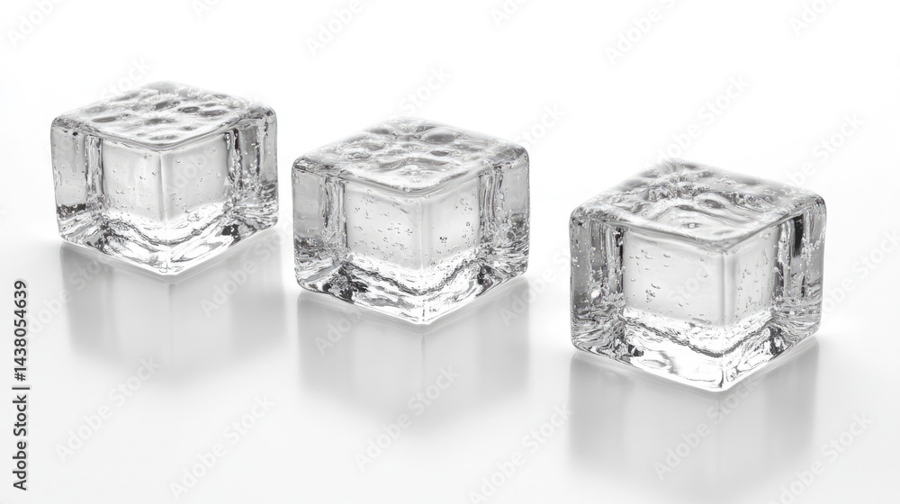 Three clear ice cubes on a white background. For drink recipes, cooling concepts, summer themes, or abstract backgrounds. Three clear ice cubes on a white background. For drink recipes, cooling concepts, summer themes, or abstract backgrounds.