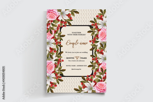 WEDDING INVITATION FRAME WITH FLOWER DECORATIONS AND FRESH LEAVES