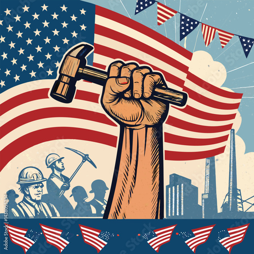 Happy Labor Day Celebrating The Dignity Of Work .,Happy Labor Day Patriotic Illustration With Clenched Fist Holding Hammer 

