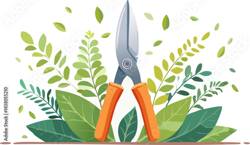 A vector illustration of orange-handled garden shears surrounded by fresh green leaves, symbolizing gardening, nature care, and outdoor lifestyle.