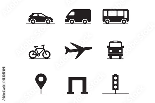 Transportation Icon Set Vehicle, Travel, Traffic, and Navigation Symbols