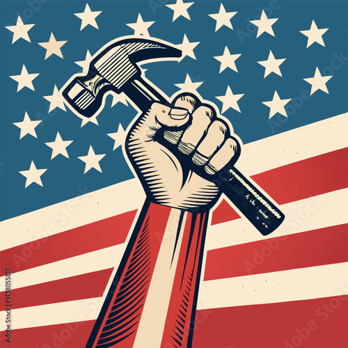 Happy Labor Day Celebrating The Dignity Of Work .,Happy Labor Day Patriotic Illustration With Clenched Fist Holding Hammer 
