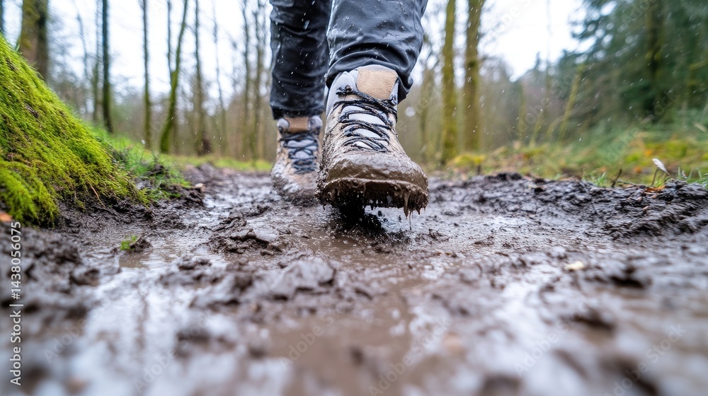 Hiking Boots Mud Trail Realistic Photography High Resolution Low Angle View Waterlogged Terrain Hiking Adventure Wooded Background Brown Muddy Tones Ideal for Outdoor Gear Ads Hiking Boots Mud Trail Realistic Photography High Resolution Low Angle View Waterlogged Terrain Hiking Adventure Wooded Background Brown Muddy Tones Ideal for Outdoor Gear Ads