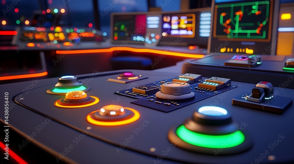 Detailed Close-Up of Smart Grid Control Room with Bright Controls Detailed Close-Up of Smart Grid Control Room with Bright Controls