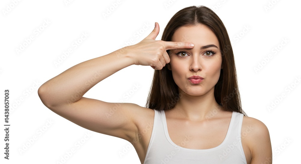 Portrait of a woman pointing to her forehead with a thoughtful expression. She has long brown hair, fair skin, and is wearing a white tank top. Portrait of a woman pointing to her forehead with a thoughtful expression. She has long brown hair, fair skin, and is wearing a white tank top.