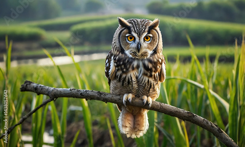 an owl is perched on a branch in the rice fields, produced by ai