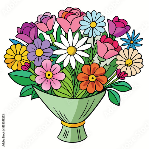 Colorful Bouquet of Flowers, with Tulips, Daisies, Roses and Wrapped Stems