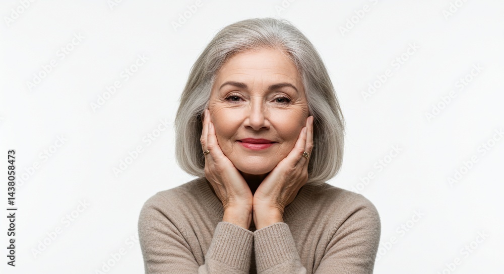 Elegant older woman with gray hair. Hands supporting face, joyful smile, soft lighting. Represents maturity, beauty, and natural aging. Elegant older woman with gray hair. Hands supporting face, joyful smile, soft lighting. Represents maturity, beauty, and natural aging.