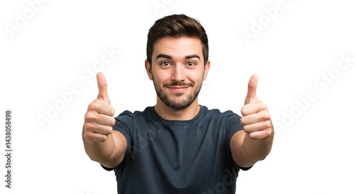 A person with brown hair, wearing a dark-colored t-shirt, smiles and raises both thumbs up against a pure white background, radiating positivity.