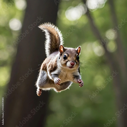 a squirrel is jumping in a forest background, ai generated