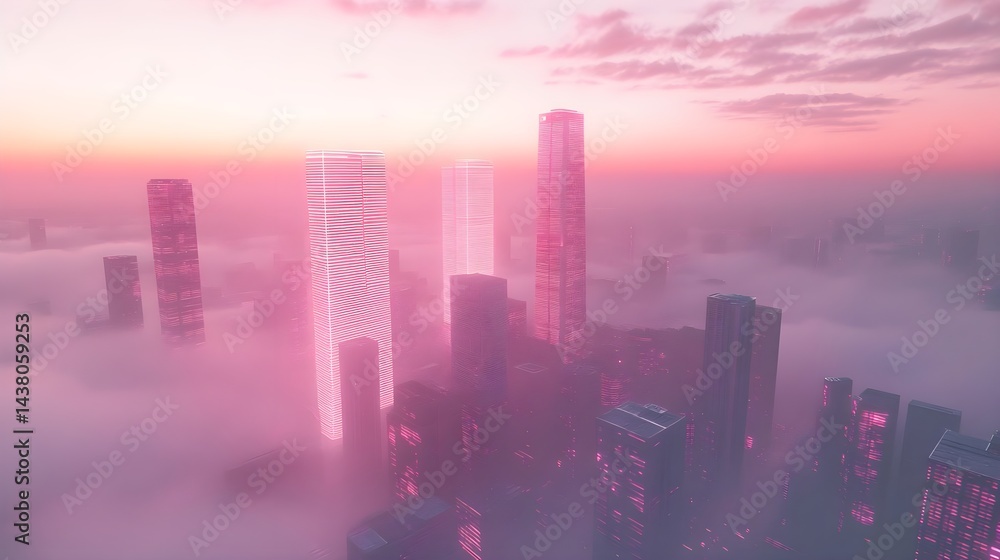 Fototapeta premium Digital Cityscape Floating Above Clouds at Sunset with Vibrant Colors