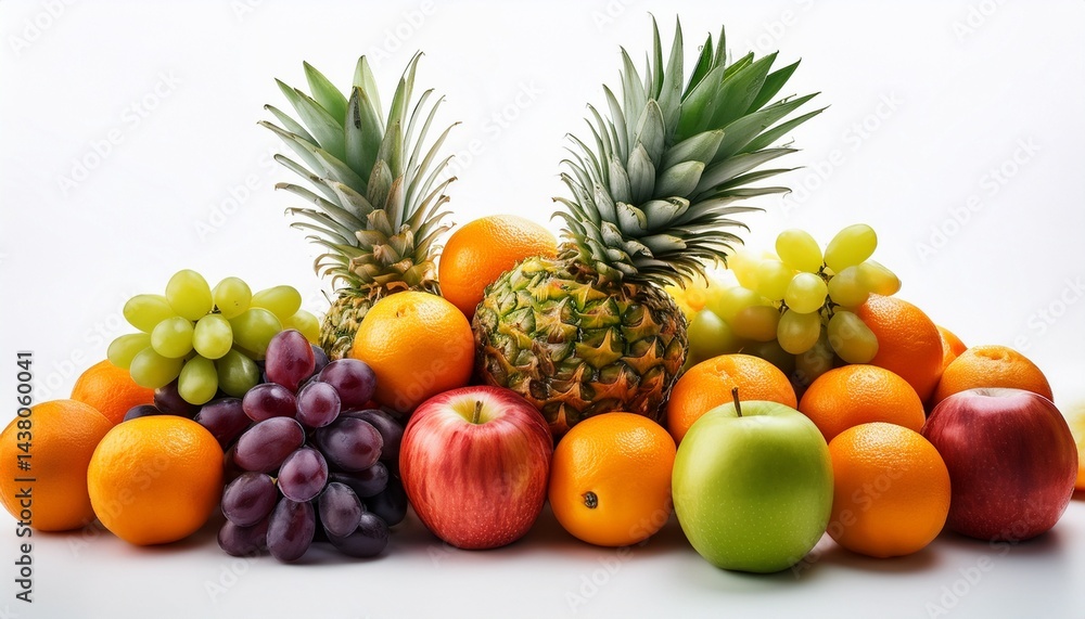 a pile of fresh fruits such as apples oranges and grapes with pineapples on top isolated on white background a pile of fresh fruits such as apples oranges and grapes with pineapples on top isolated on white background