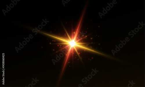Light flash effect on dark background. Realistic bright light glare, sun, bright, rainbow, Magic sparkling star.