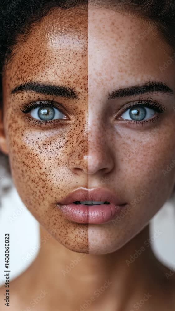 A close up of a female face showcasing a split view of freckles on one half and clear skin on the other side highlights diversity of beauty A close up of a female face showcasing a split view of freckles on one half and clear skin on the other side highlights diversity of beauty